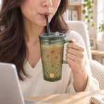 420ml Green Glass Straw Mug with Lid Wavy Handle and Embossed Clover Diamond Texture for Iced Coffee and Cold Drinks - Image 4