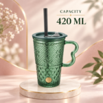 420ml Green Glass Straw Mug with Lid Wavy Handle and Embossed Clover Diamond Texture for Iced Coffee and Cold Drinks - Image 2