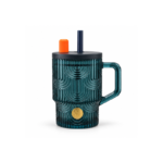 440ml Teal Blue Art Deco Glass Straw Mug with Lid Squared Handle and Gold Medallion for Iced Coffee and Cold Drinks