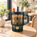 440ml Teal Blue Art Deco Glass Straw Mug with Lid Squared Handle and Gold Medallion for Iced Coffee and Cold Drinks - Image 2