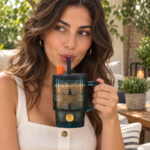 440ml Teal Blue Art Deco Glass Straw Mug with Lid Squared Handle and Gold Medallion for Iced Coffee and Cold Drinks - Image 3