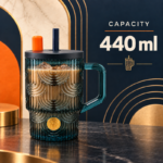 440ml Teal Blue Art Deco Glass Straw Mug with Lid Squared Handle and Gold Medallion for Iced Coffee and Cold Drinks - Image 4