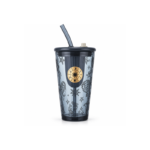 450ml Clear Glass Straw Tumbler with Lid Zodiac Celestial Print and Gold Sun Medallion for Iced Coffee and Cold Drinks
