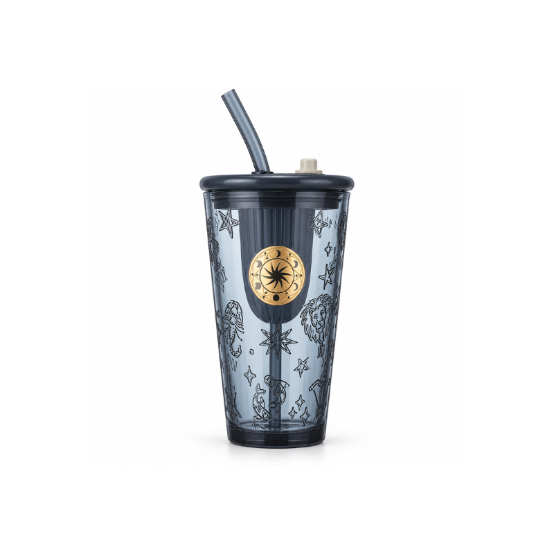 450ml Clear Glass Straw Tumbler with Lid Zodiac Celestial Print and Gold Sun Medallion for Iced Coffee and Cold Drinks (1) 450ml Clear Glass Straw Tumbler with Lid Zodiac Celestial Print and Gold Sun Medallion for Iced Coffee and Cold Drinks - Image 1