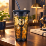 450ml Clear Glass Straw Tumbler with Lid Zodiac Celestial Print and Gold Sun Medallion for Iced Coffee and Cold Drinks - Image 2