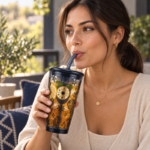 450ml Clear Glass Straw Tumbler with Lid Zodiac Celestial Print and Gold Sun Medallion for Iced Coffee and Cold Drinks - Image 3