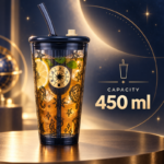 450ml Clear Glass Straw Tumbler with Lid Zodiac Celestial Print and Gold Sun Medallion for Iced Coffee and Cold Drinks - Image 4