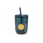 450ml Navy Blue Fluted Glass Straw Tumbler with Lid and Gold Medallion for Iced Coffee and Cold Drinks