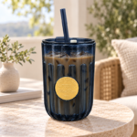 450ml Navy Blue Fluted Glass Straw Tumbler with Lid and Gold Medallion for Iced Coffee and Cold Drinks - Image 2