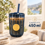 450ml Navy Blue Fluted Glass Straw Tumbler with Lid and Gold Medallion for Iced Coffee and Cold Drinks - Image 4