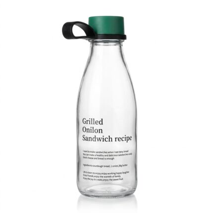 500ml glass water bottle with clear milk bottle shape, green cap, black carry loop and black recipe typography print