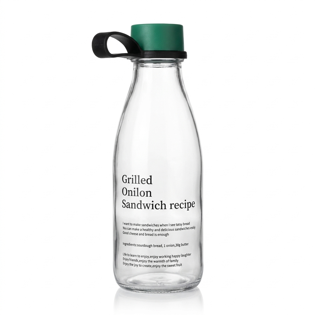 500ml glass water bottle with clear milk bottle shape, green cap, black carry loop and black recipe typography print