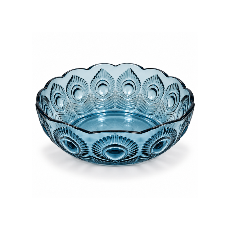 650ml Blue Glass Bowl with Embossed Peacock Feather Design and Scalloped Rim for Salad Fruit and Serving (1) 650ml Blue Glass Bowl with Embossed Peacock Feather Design and Scalloped Rim for Salad Fruit and Serving - Image 1
