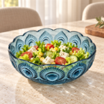650ml Blue Glass Bowl with Embossed Peacock Feather Design and Scalloped Rim for Salad Fruit and Serving - Image 2