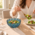 650ml Blue Glass Bowl with Embossed Peacock Feather Design and Scalloped Rim for Salad Fruit and Serving - Image 3