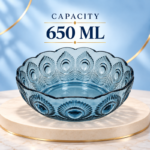 650ml Blue Glass Bowl with Embossed Peacock Feather Design and Scalloped Rim for Salad Fruit and Serving - Image 4