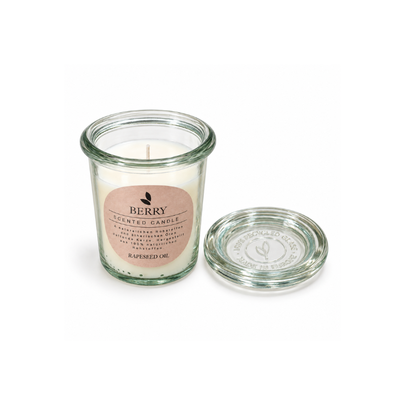 8.5cm Rapeseed Oil Scented Candle in Clear Glass Jar with Glass Lid and Round Botanical Label for Home Fragrance - Berry (1) 8.5cm Rapeseed Oil Scented Candle in Clear Glass Jar with Glass Lid and Round Botanical Label for Home Fragrance - Image 1