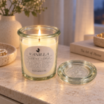 8.5cm Rapeseed Oil Scented Candle in Clear Glass Jar with Glass Lid and Round Botanical Label for Home Fragrance - Image 8