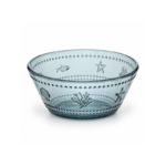 800ml Aqua Blue Glass Bowl with Embossed Sea Life Motifs and Beaded Dot Bands for Salad Fruit and Snacks