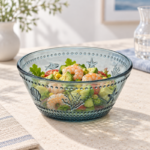 800ml Aqua Blue Glass Bowl with Embossed Sea Life Motifs and Beaded Dot Bands for Salad Fruit and Snacks - Image 2