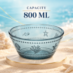 800ml Aqua Blue Glass Bowl with Embossed Sea Life Motifs and Beaded Dot Bands for Salad Fruit and Snacks - Image 4