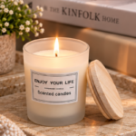 9cm Frosted White Jar Scented Candle with Natural Wood Grain Lid and Enjoy Your Life Label for Home Fragrance - Image 3