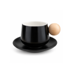 Ceramic Coffee Cup and Saucer Set with Wood Grain Ball Handle for Espresso Cappuccino and Tea