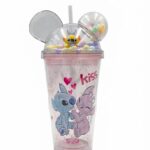Stitch tumbler with straw in Stitch, Angel and Kuromi designs with star glitter double wall and dome lid with round ears, mini figurine and pastel balls