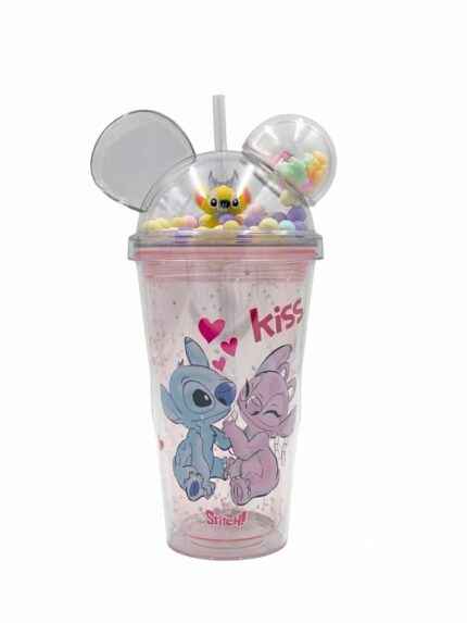 Stitch tumbler with straw in Stitch, Angel and Kuromi designs with star glitter double wall and dome lid with round ears, mini figurine and pastel balls