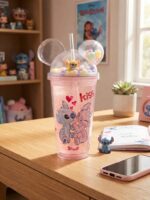 Stitch Tumbler with Straw and Kuromi Character Glitter Double Wall Cup with Dome Lid Round Ears Mini Figurine and Pastel Balls - Image 2