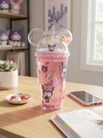 Stitch Tumbler with Straw and Kuromi Character Glitter Double Wall Cup with Dome Lid Round Ears Mini Figurine and Pastel Balls - Image 4