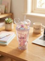 Stitch Tumbler with Straw and Kuromi Character Glitter Double Wall Cup with Dome Lid Round Ears Mini Figurine and Pastel Balls - Image 7