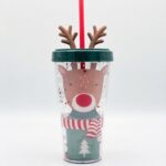 Christmas tumbler with straw with reindeer in green sweater and striped scarf, red glitter double wall, 3D antler lid and red straw