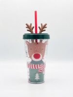Christmas tumbler with straw with reindeer in green sweater and striped scarf, red glitter double wall, 3D antler lid and red straw