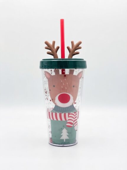 Christmas tumbler with straw with reindeer in green sweater and striped scarf, red glitter double wall, 3D antler lid and red straw