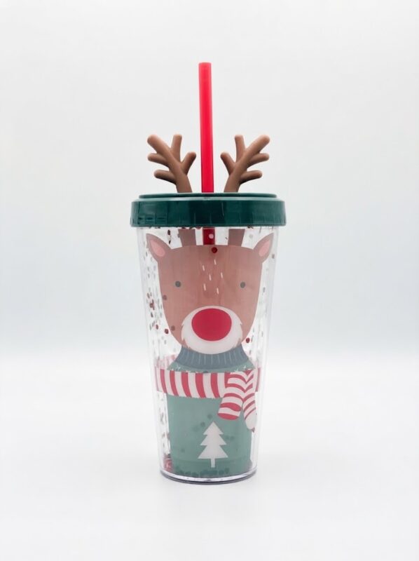 Christmas tumbler with straw with reindeer in green sweater and striped scarf, red glitter double wall, 3D antler lid and red straw