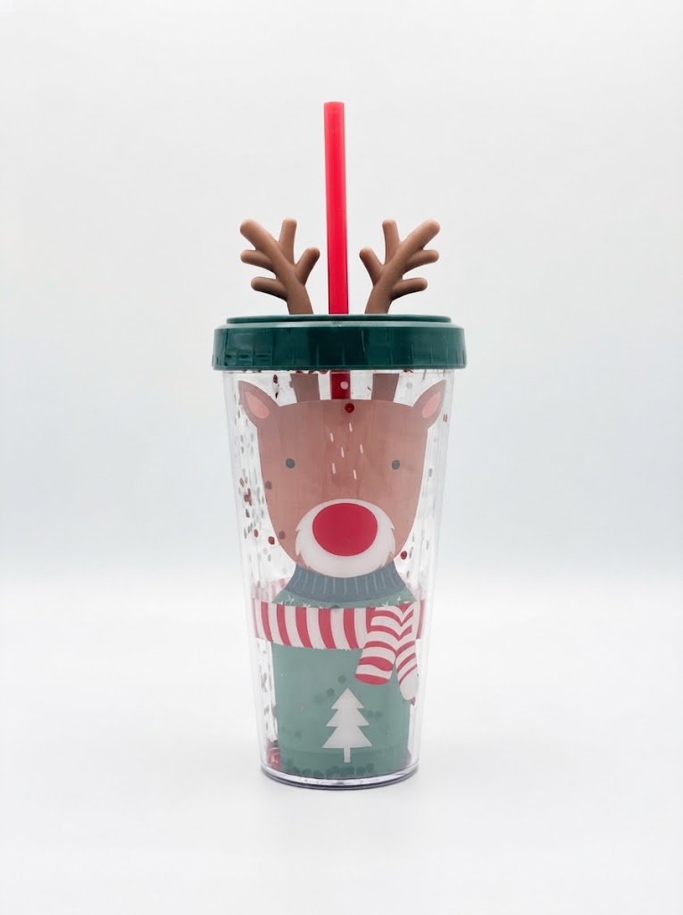 Christmas tumbler with straw with reindeer in green sweater and striped scarf, red glitter double wall, 3D antler lid and red straw