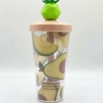Clear Plastic Fruit Print Tumbler with Bent Straw and 3D Fruit Topper Lid for Juice Smoothies and Cold Drinks