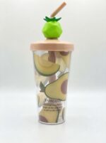 Clear Plastic Fruit Print Tumbler with Bent Straw and 3D Fruit Topper Lid for Juice Smoothies and Cold Drinks