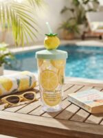 Clear Plastic Fruit Print Tumbler with Bent Straw and 3D Fruit Topper Lid for Juice Smoothies and Cold Drinks - Image 4