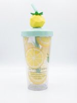 Clear Plastic Fruit Print Tumbler with Bent Straw and 3D Fruit Topper Lid for Juice Smoothies and Cold Drinks - Image 3