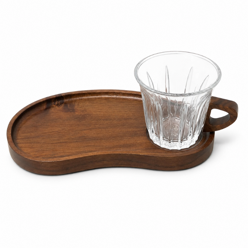 Coffee cup with bamboo tray set with 24cm kidney shaped walnut-tone bamboo tray and 8cm fluted glass coffee cup with dark handle