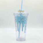 Donut tumbler with straw in blue, chocolate and pink designs with drip glaze double wall, sprinkles and 3D donut lid topper