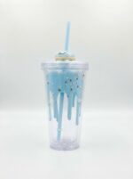 Donut tumbler with straw in blue, chocolate and pink designs with drip glaze double wall, sprinkles and 3D donut lid topper