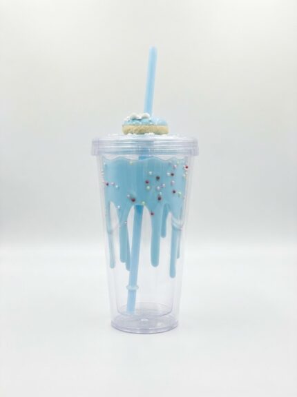 Donut tumbler with straw in blue, chocolate and pink designs with drip glaze double wall, sprinkles and 3D donut lid topper