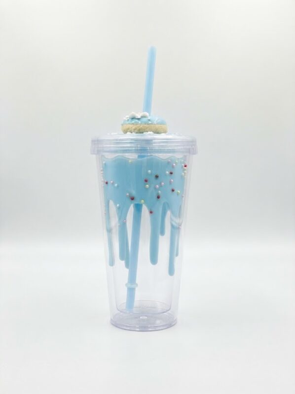Donut tumbler with straw in blue, chocolate and pink designs with drip glaze double wall, sprinkles and 3D donut lid topper