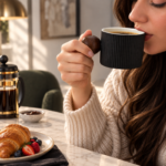 Fluted Ceramic Coffee Cup with Round Wooden Ball Handle and Straight-Walled Ribbed Design for Coffee and Tea - Image 8