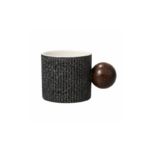 Fluted Ceramic Coffee Cup with Round Wooden Ball Handle and Straight-Walled Ribbed Design for Coffee and Tea