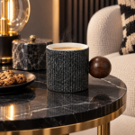 Fluted Ceramic Coffee Cup with Round Wooden Ball Handle and Straight-Walled Ribbed Design for Coffee and Tea - Image 3