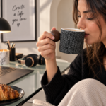 Fluted Ceramic Coffee Cup with Round Wooden Ball Handle and Straight-Walled Ribbed Design for Coffee and Tea - Image 2